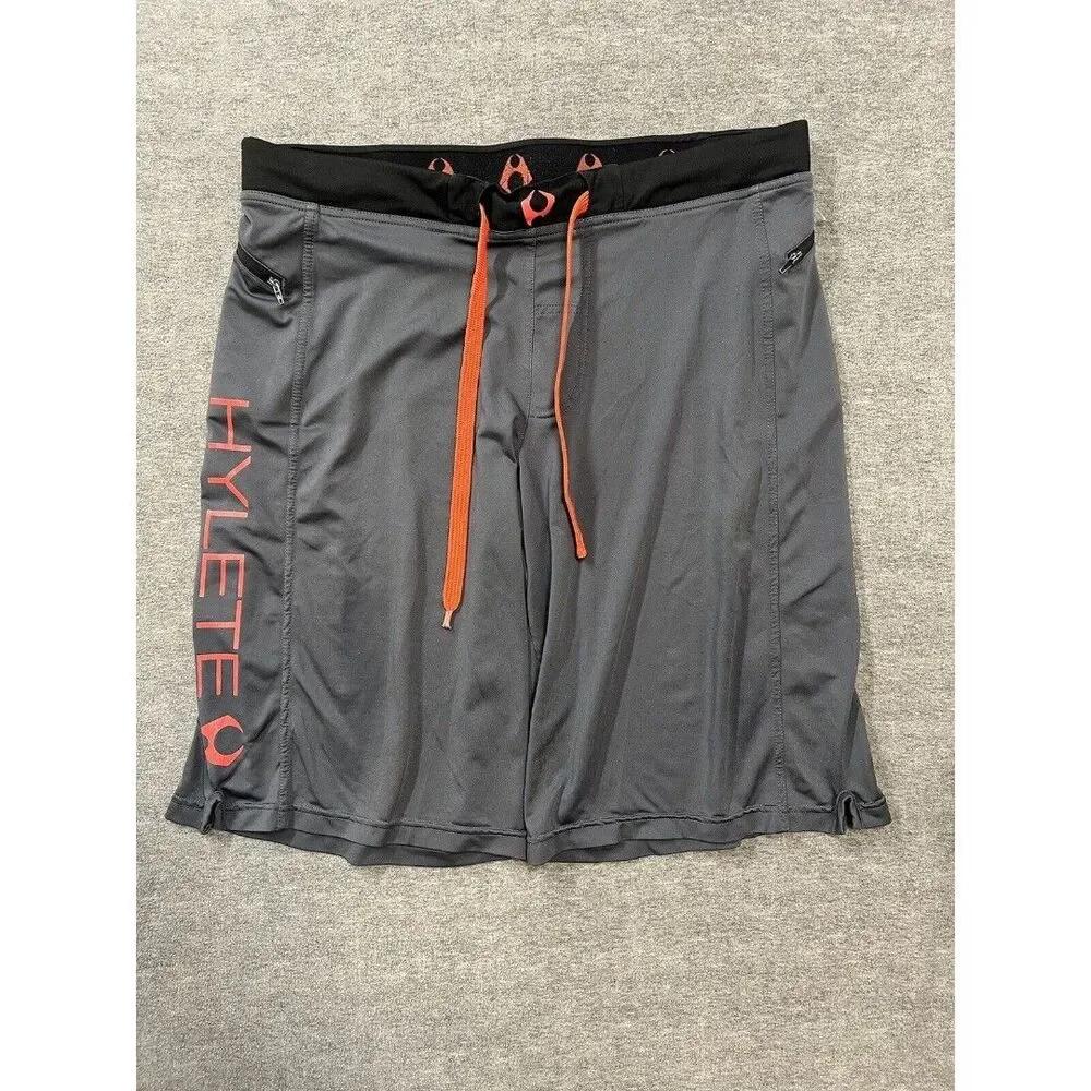 Hylete Large Long Gym Shorts Gray Orange